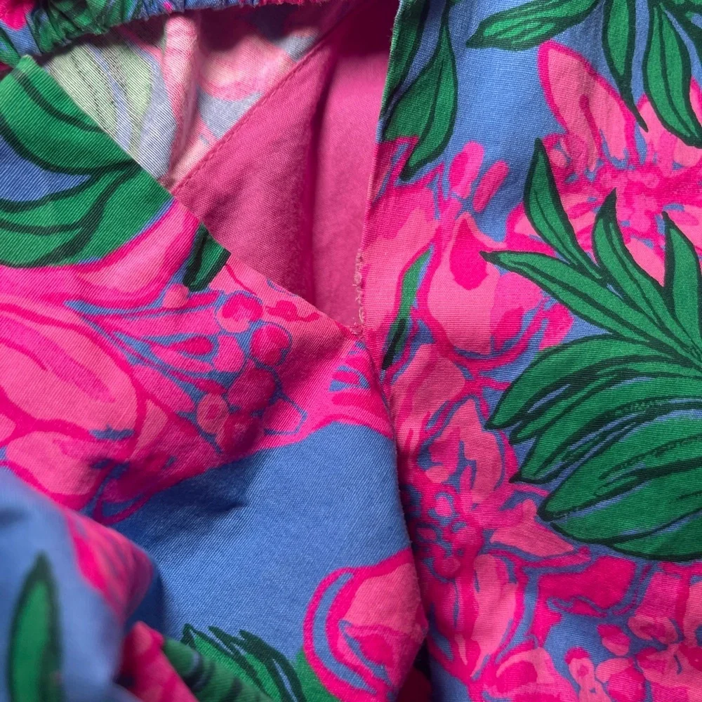 Lilly Pulitzer Pink & Green Floral Puff-Sleeve Square-Neck Blouse